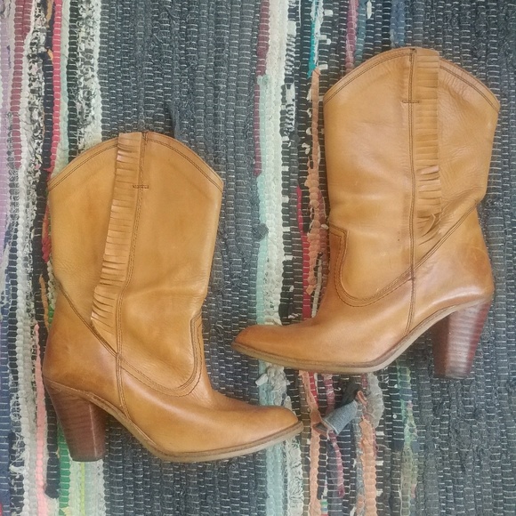 Cognac Faux Suede High Heel Bootie with Fringe Details Cognac Faux Suede High Heel Bootie with Fringe Details